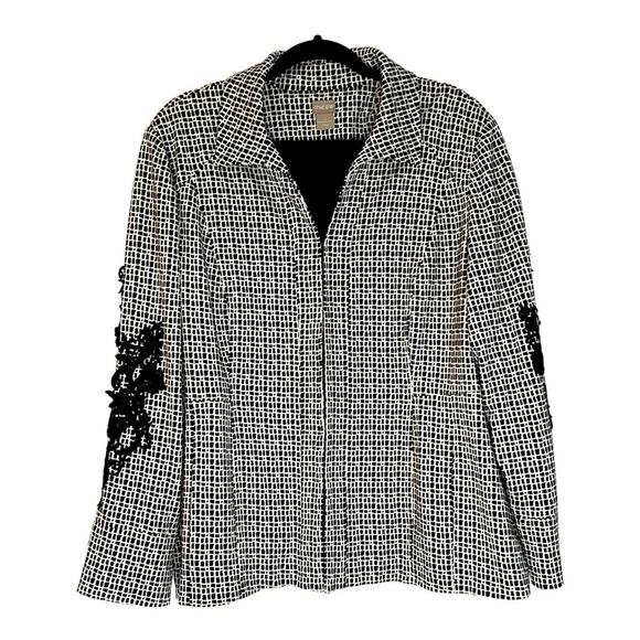 CHICO’S blazer size 3 large black white lace appliqué on arms - Picture 2 of 14